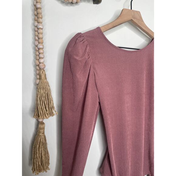 ASTR Tie Back Bodysuit Medium Strappy Cut Out Puff Shoulder Long Sleeve Mauve - Picture 4 of 11